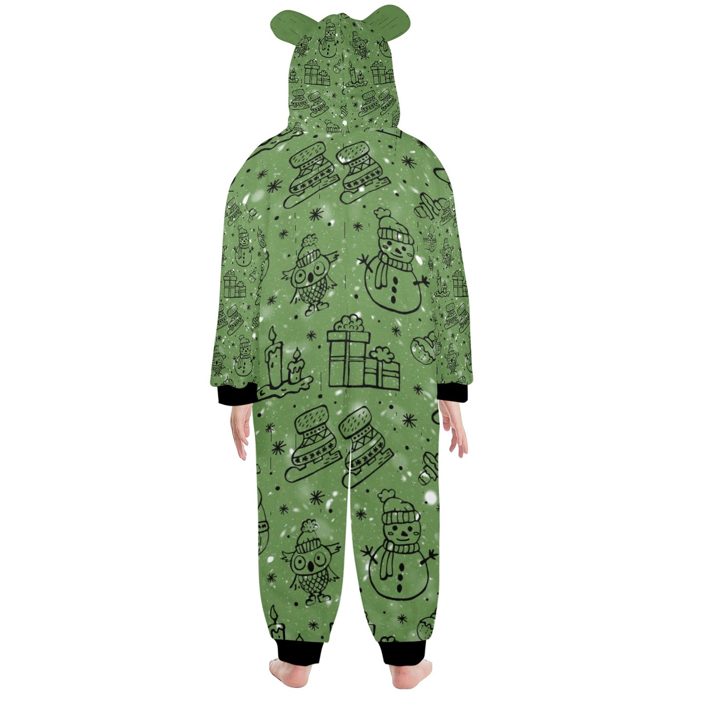 Green Christmas One-Piece Zip Up Hooded Pajamas for Big Kids