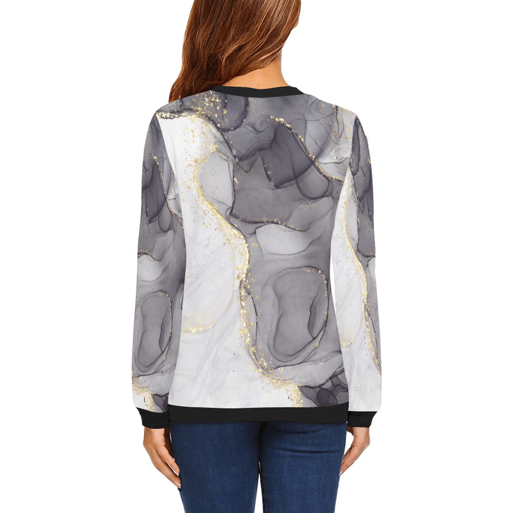 Black & Gray Marble Crewneck Sweatshirt for Women