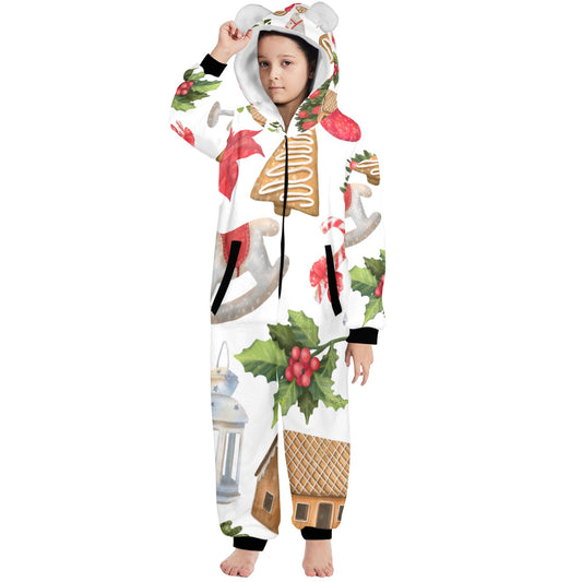 Christmas Festive One-Piece Zip Up Hooded Pajamas for Big Kids