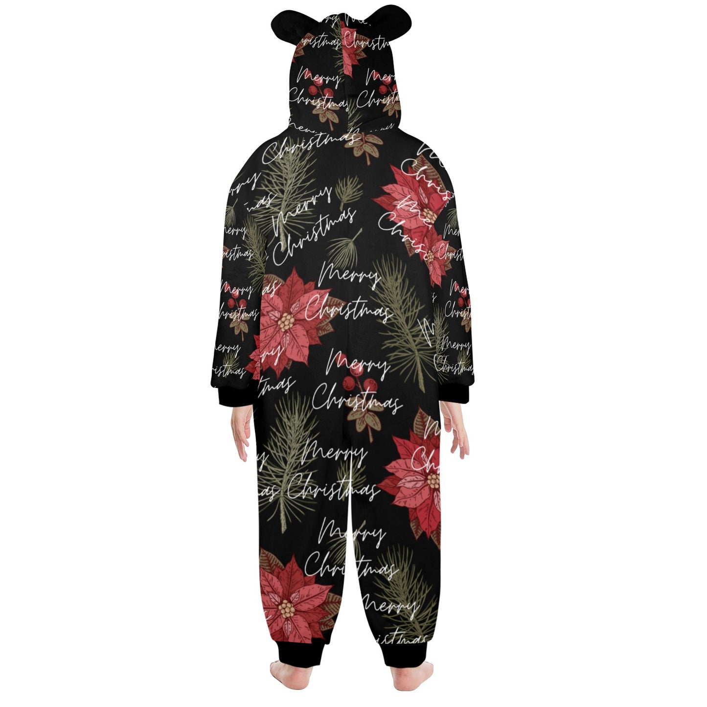 Merry Christmas One-Piece Zip Up Hooded Pajamas for Big Kids