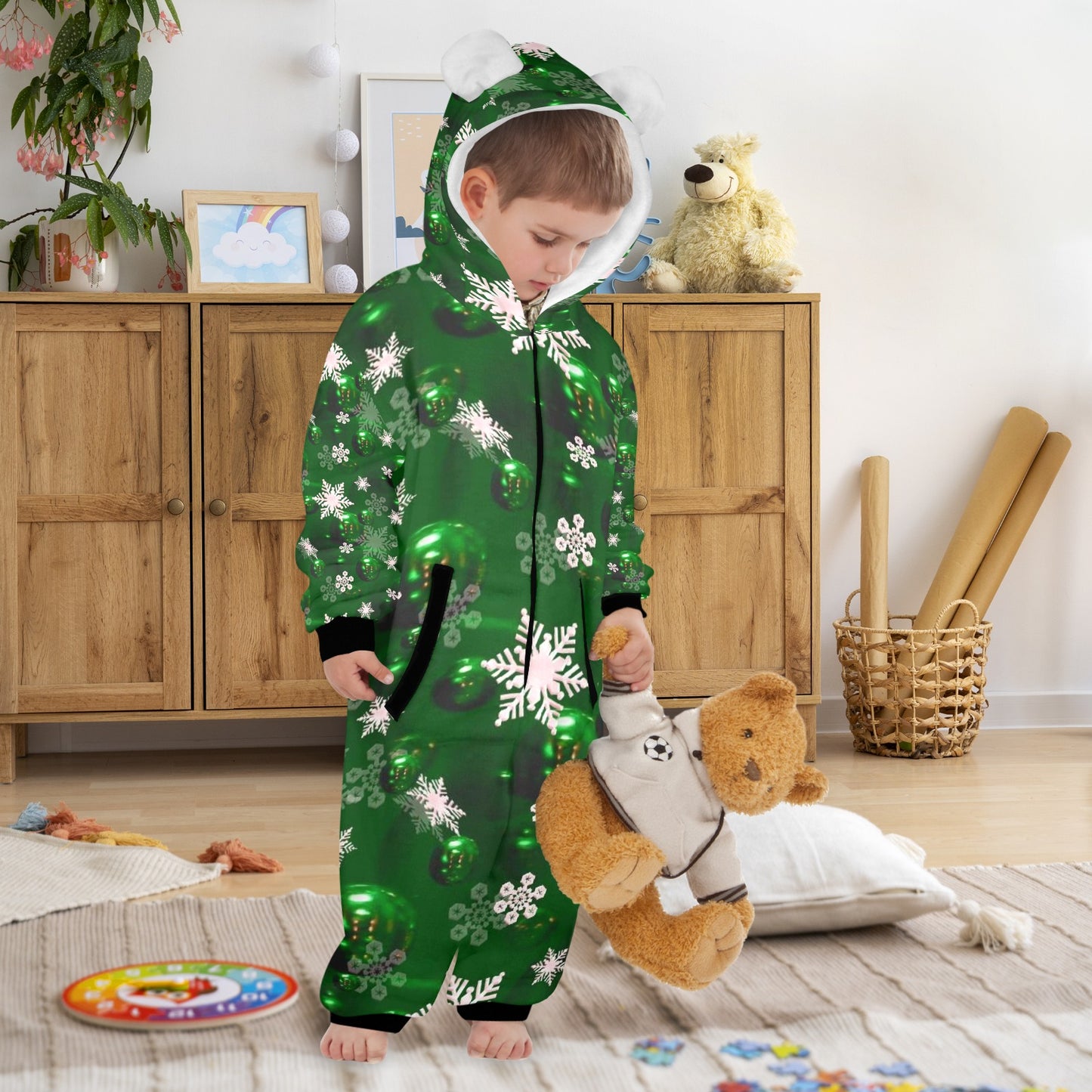 Green Bells- Christmas One-Piece Zip up Hooded Pajamas for Little Kids