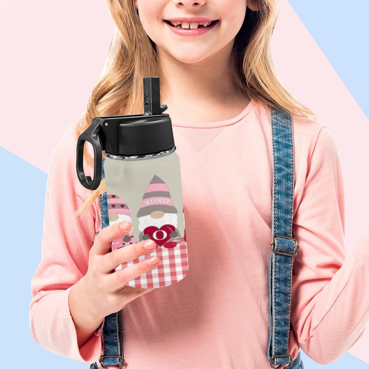 Gnome Love Valentines Kids Water Bottle with Straw Lid (12 oz)