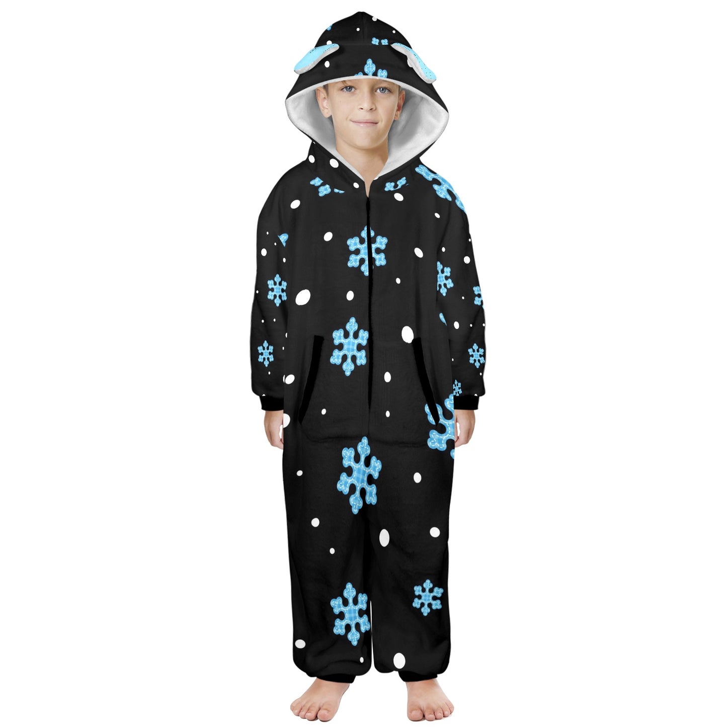 Night Snow Christmas One-Piece Zip Up Hooded Pajamas for Big Kids