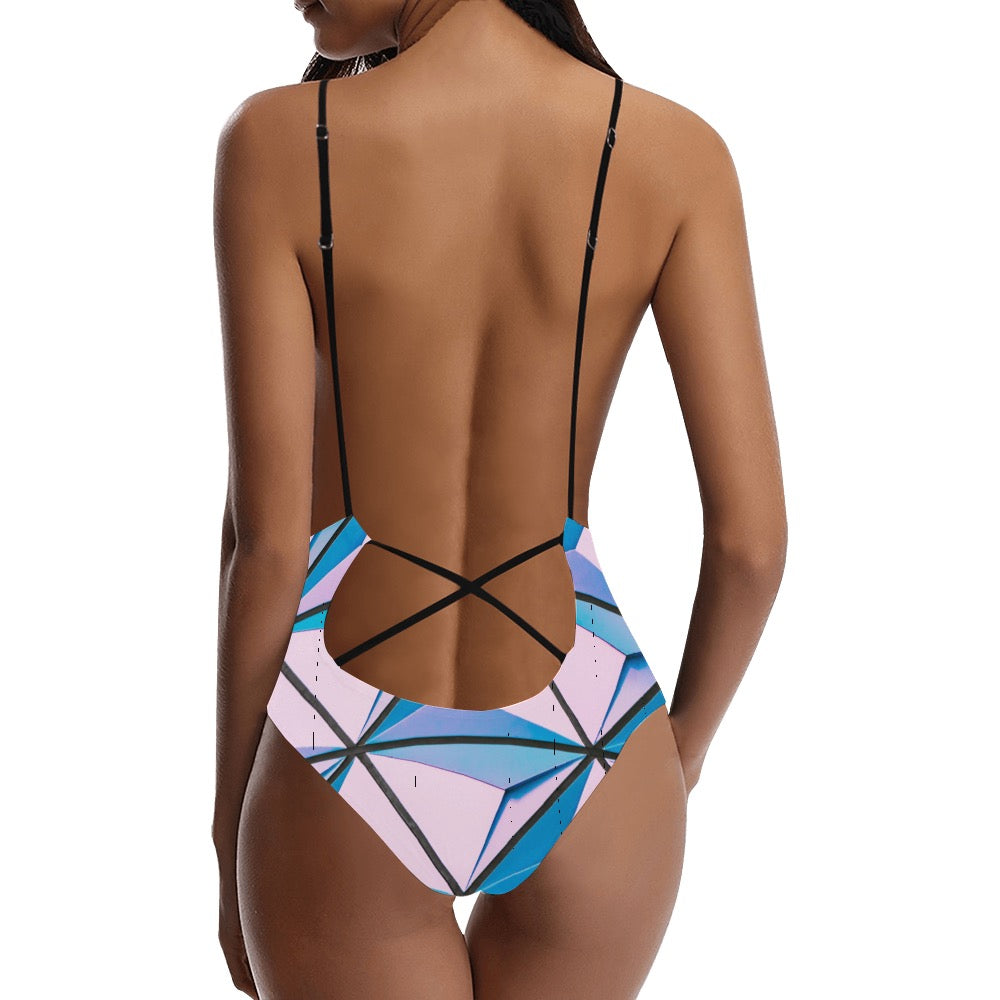 Pink Abstract Sexy Lace Backless One-Piece Swimsuit