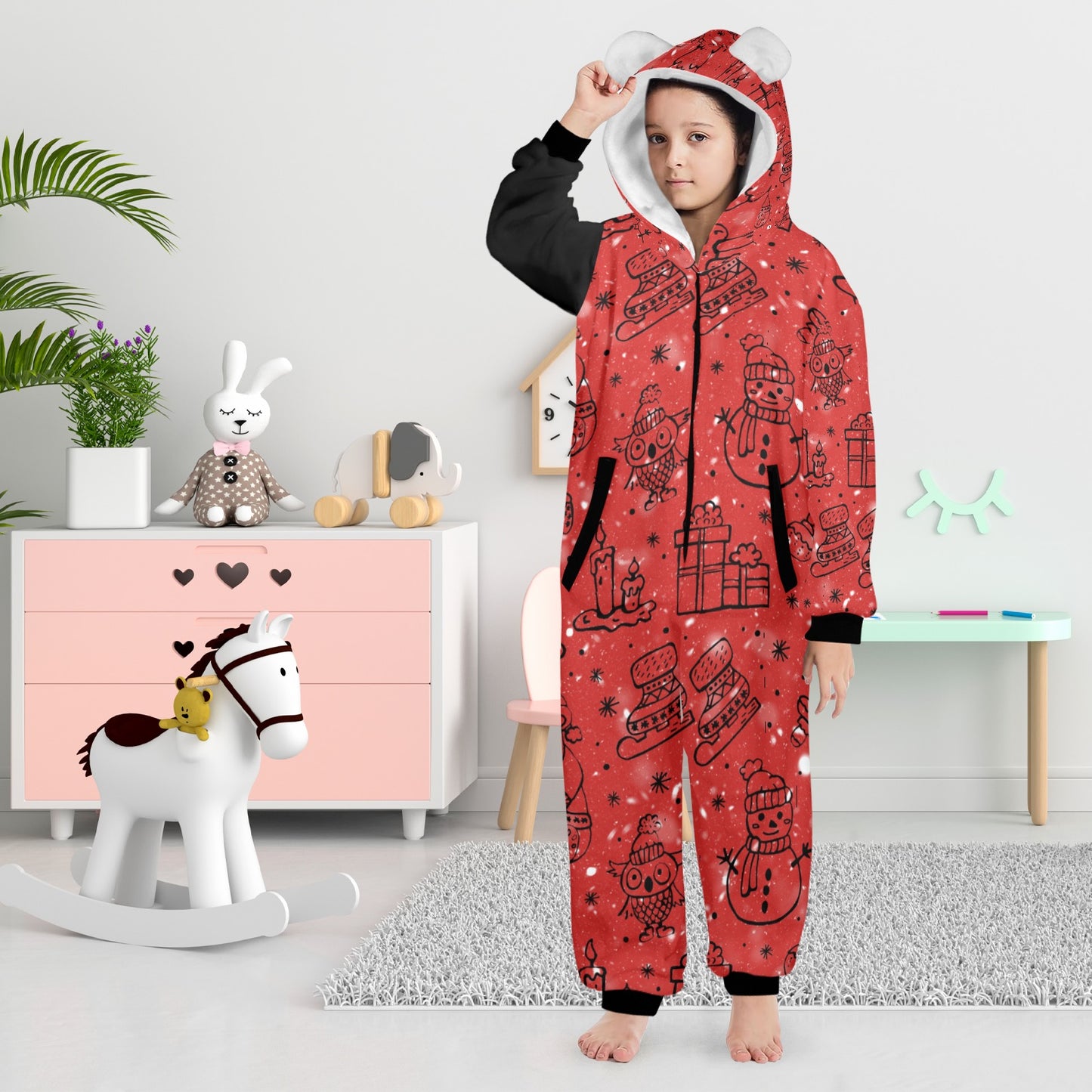 Red Christmas One-Piece Zip Up Hooded Pajamas for Big Kids