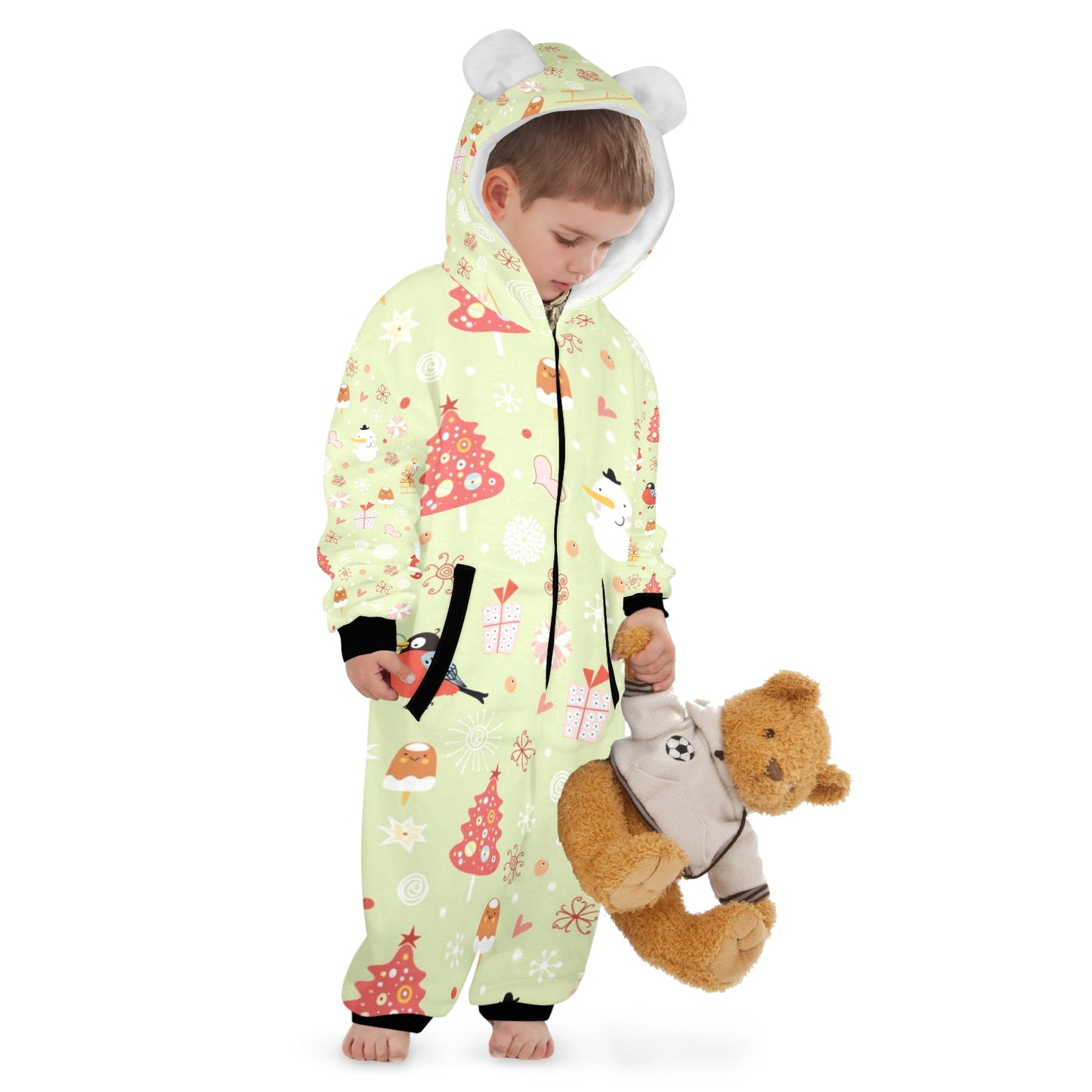 Merry Christmas One-Piece Zip up Hooded Pajamas for Little Kids