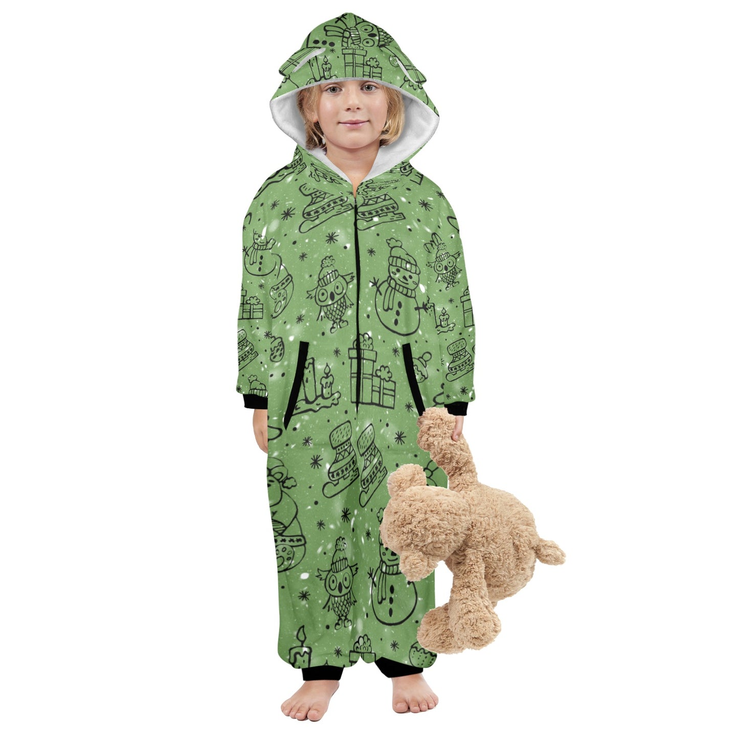 Green Christmas One-Piece Zip up Hooded Pajamas for Little Kids