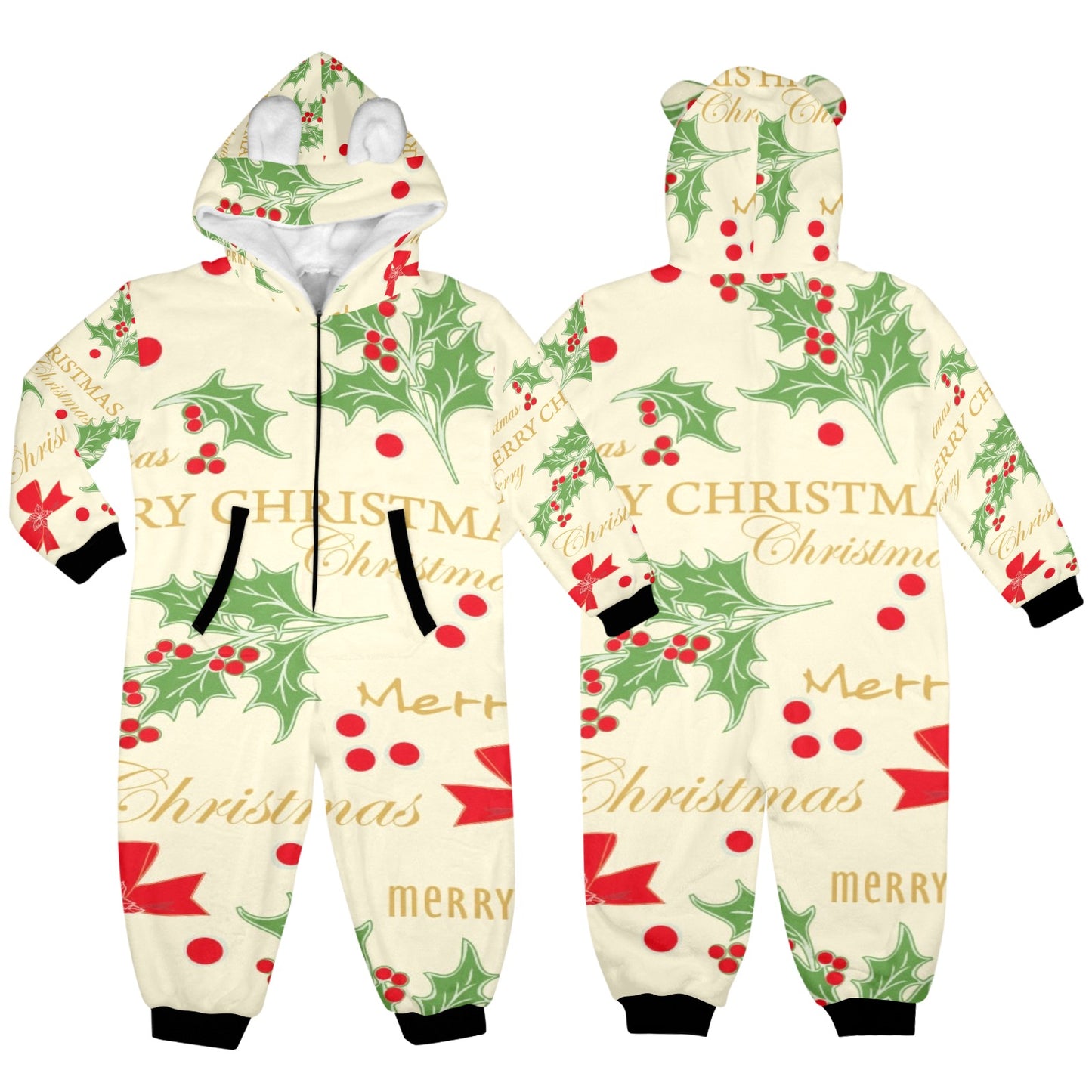 Merry Christmas One-Piece Zip up Hooded Pajamas for Little Kids