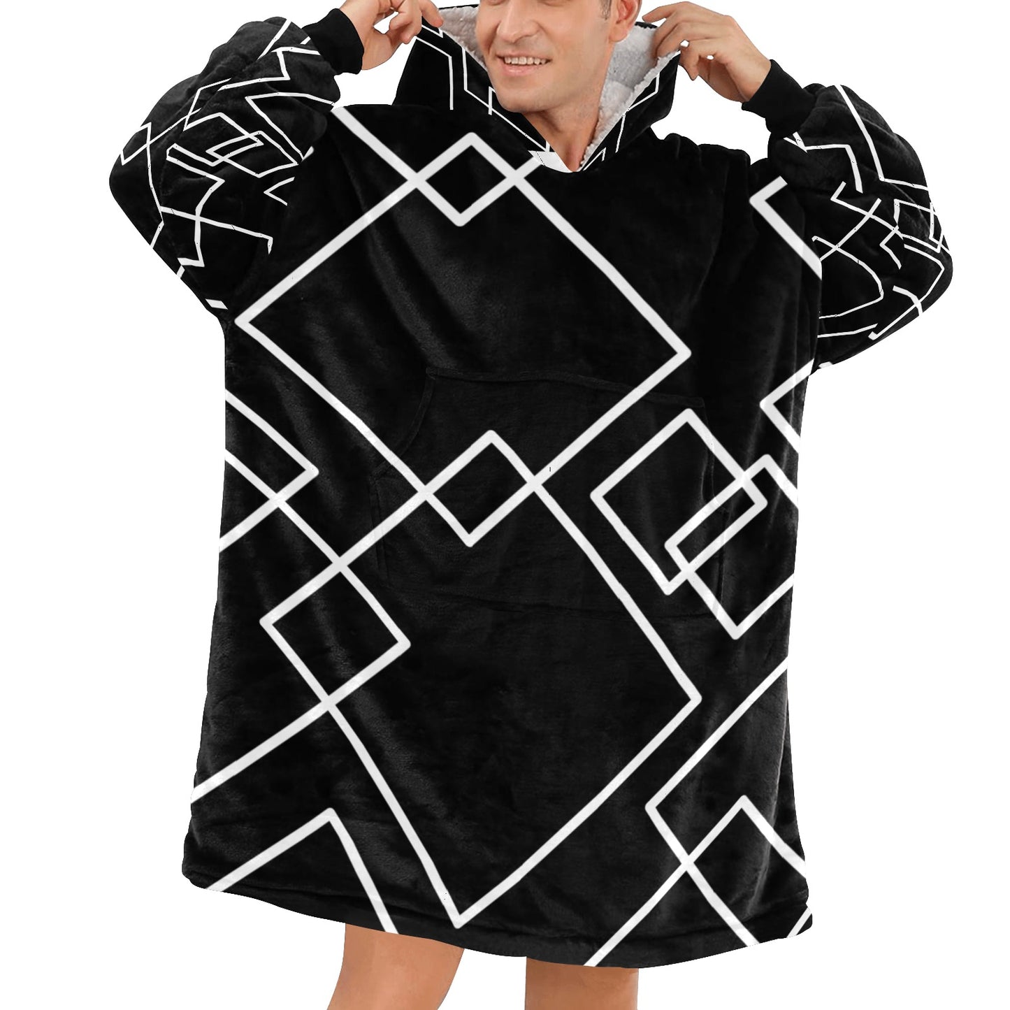 Black Squared Blanket Hoodie for Adults