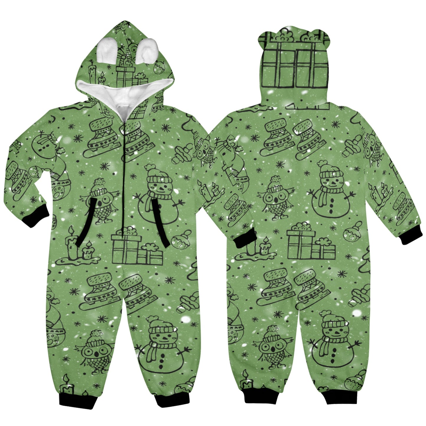 Green Christmas One-Piece Zip up Hooded Pajamas for Little Kids