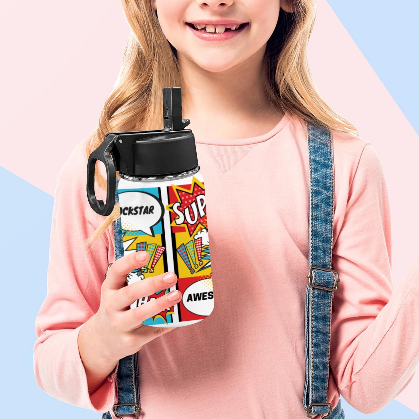 Comic Words Kids Water Bottle with Straw Lid (12 oz)