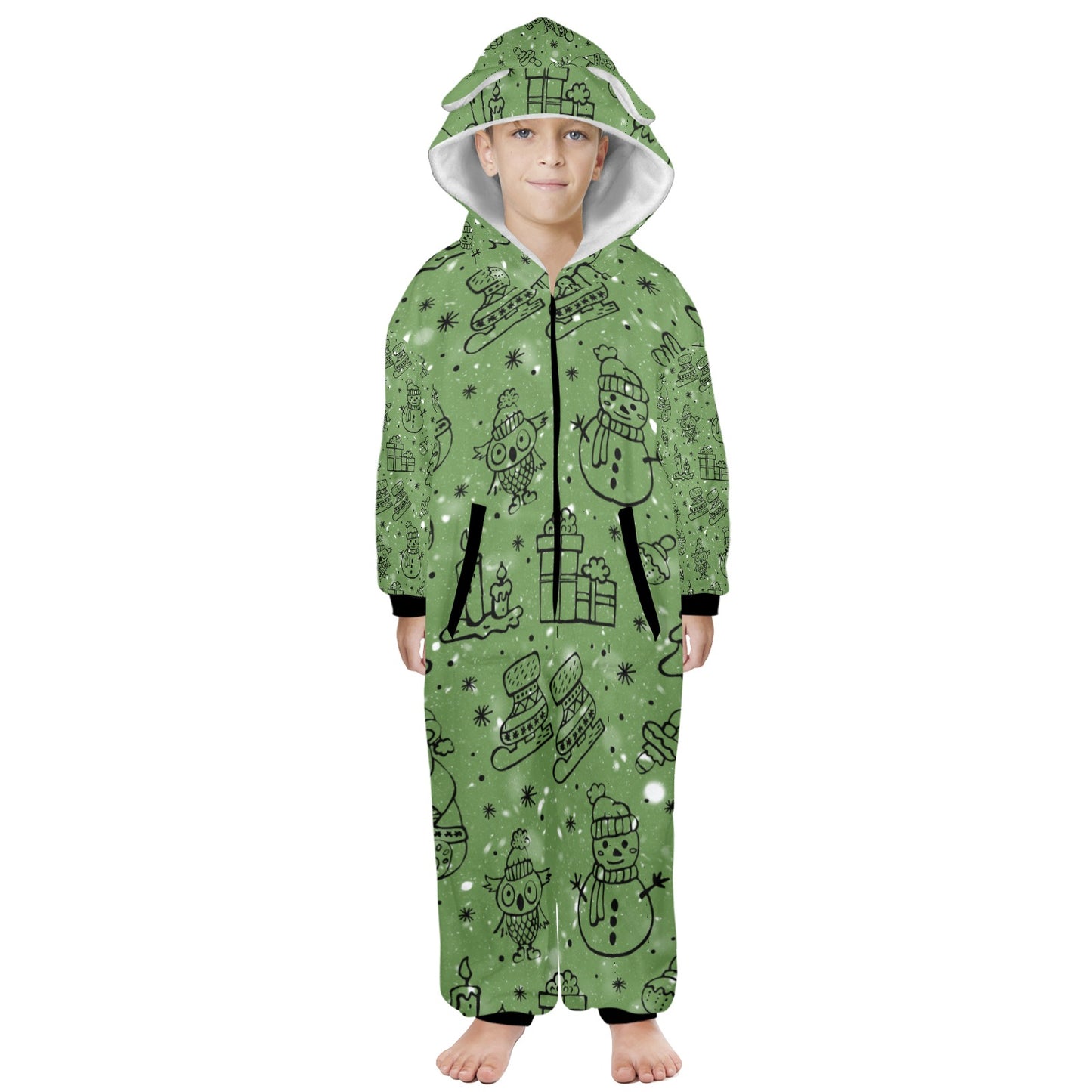 Green Christmas One-Piece Zip Up Hooded Pajamas for Big Kids