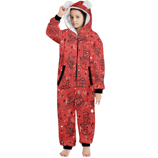 Red Christmas One-Piece Zip Up Hooded Pajamas for Big Kids