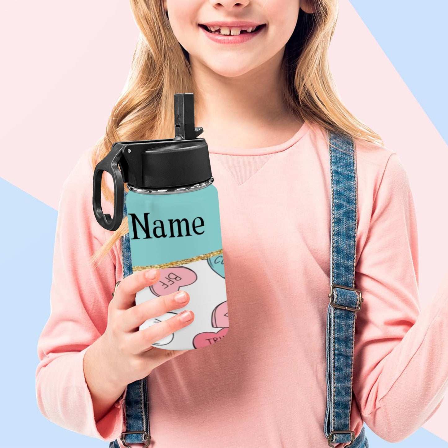 PERSONALIZED Valentine’s Day Kids Water Bottle with Straw Lid (12 oz)