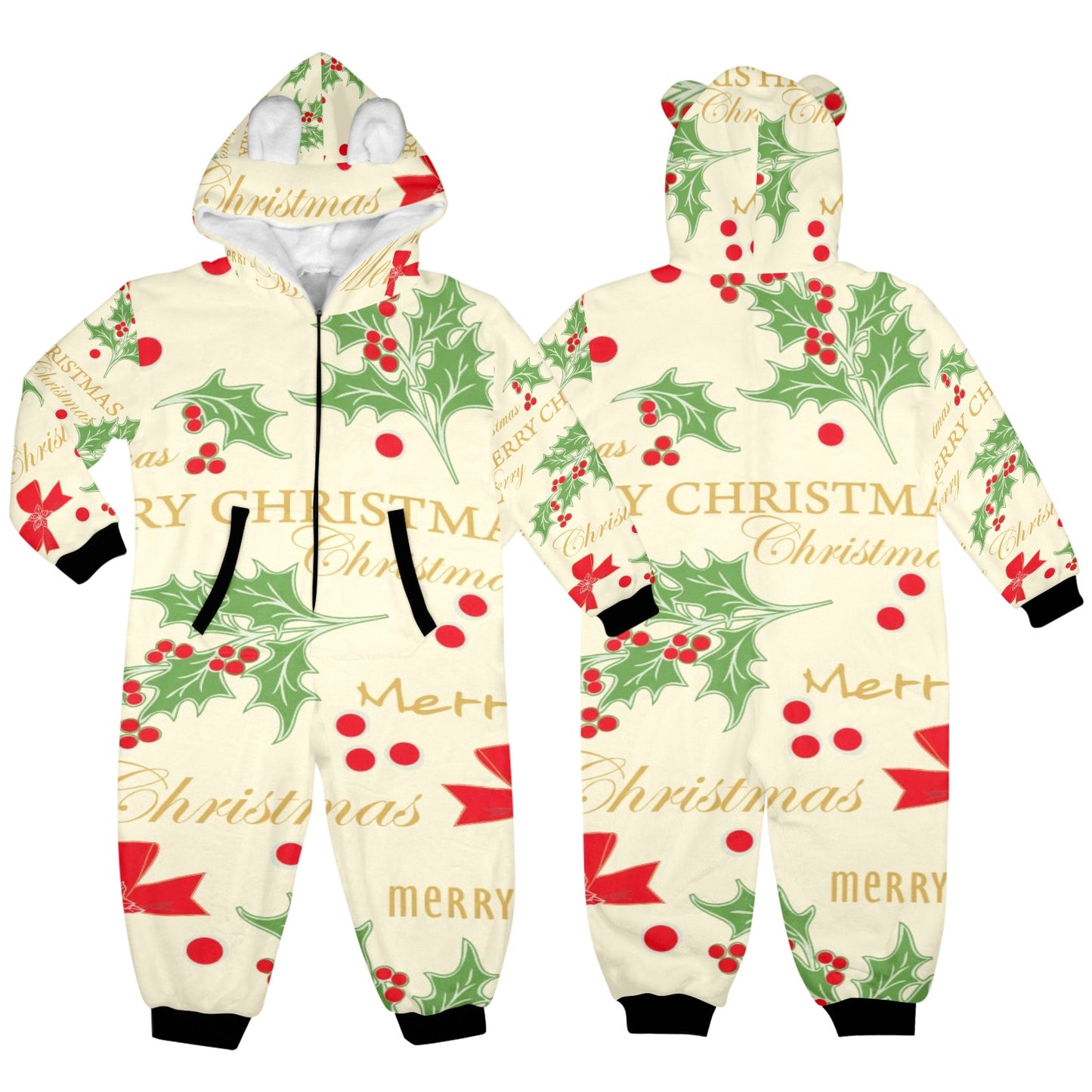 Merry Christmas One-Piece Zip up Hooded Pajamas for Little Kids