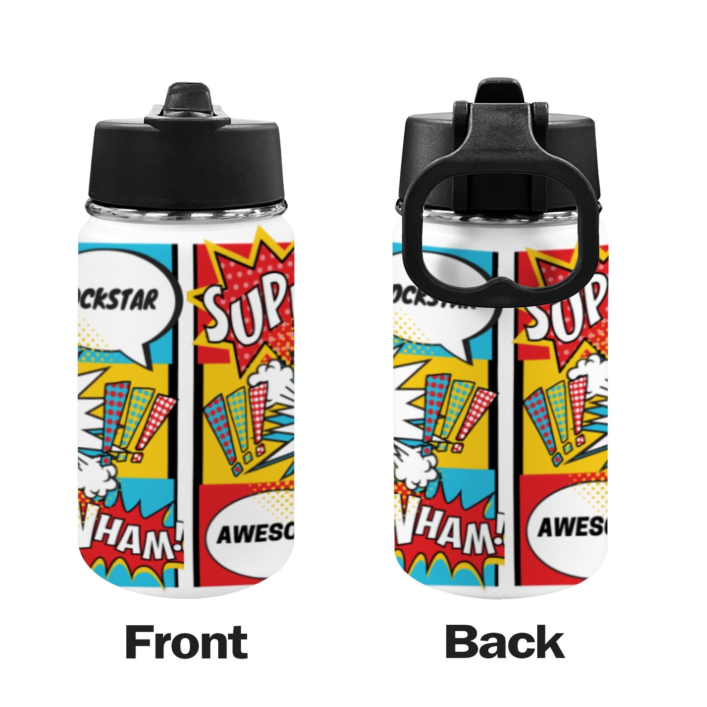 Comic Words Kids Water Bottle with Straw Lid (12 oz)