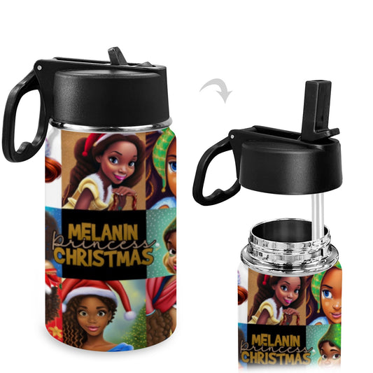 Melanin Christmas Kids Water Bottle with Straw Lid (12 oz)