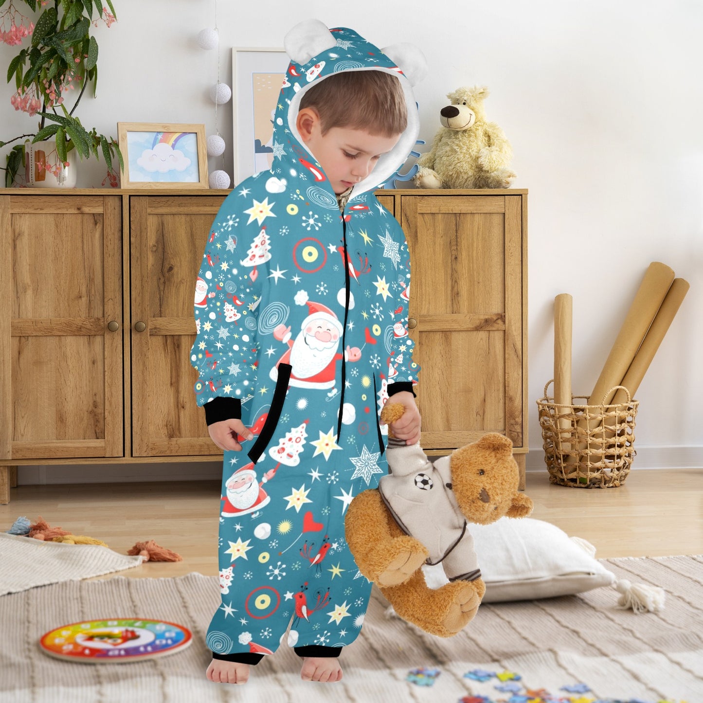 Merry Christmas One-Piece Zip up Hooded Pajamas for Little Kids