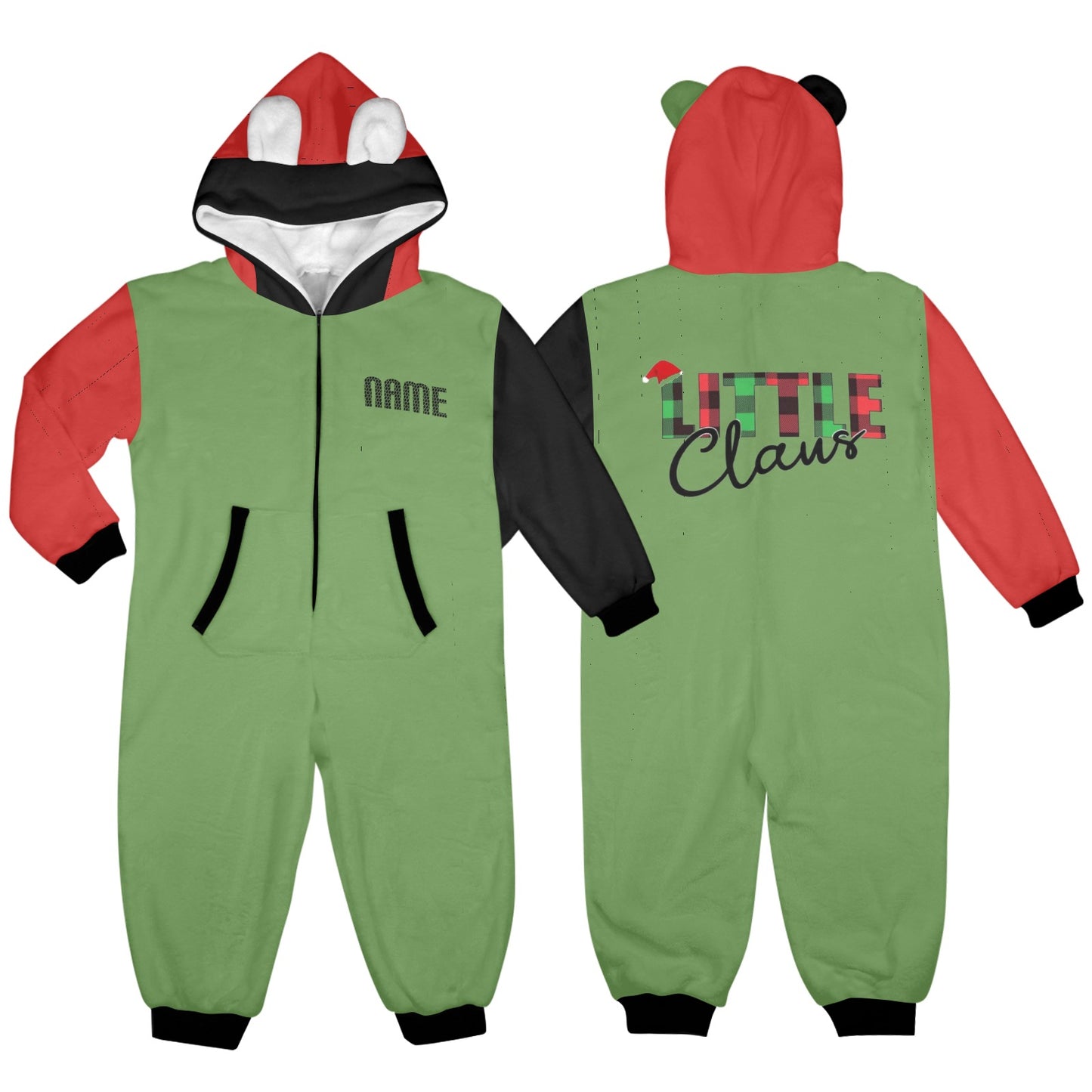 Little Claus- Christmas One-Piece Zip up Hooded Pajamas for Little Kids