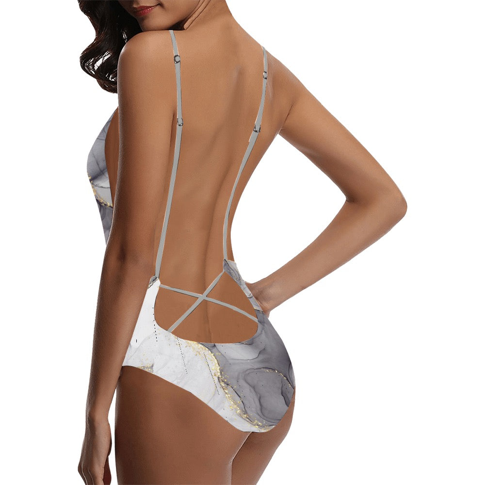 Grey Marble Sexy Lace Backless One-Piece Swimsuit