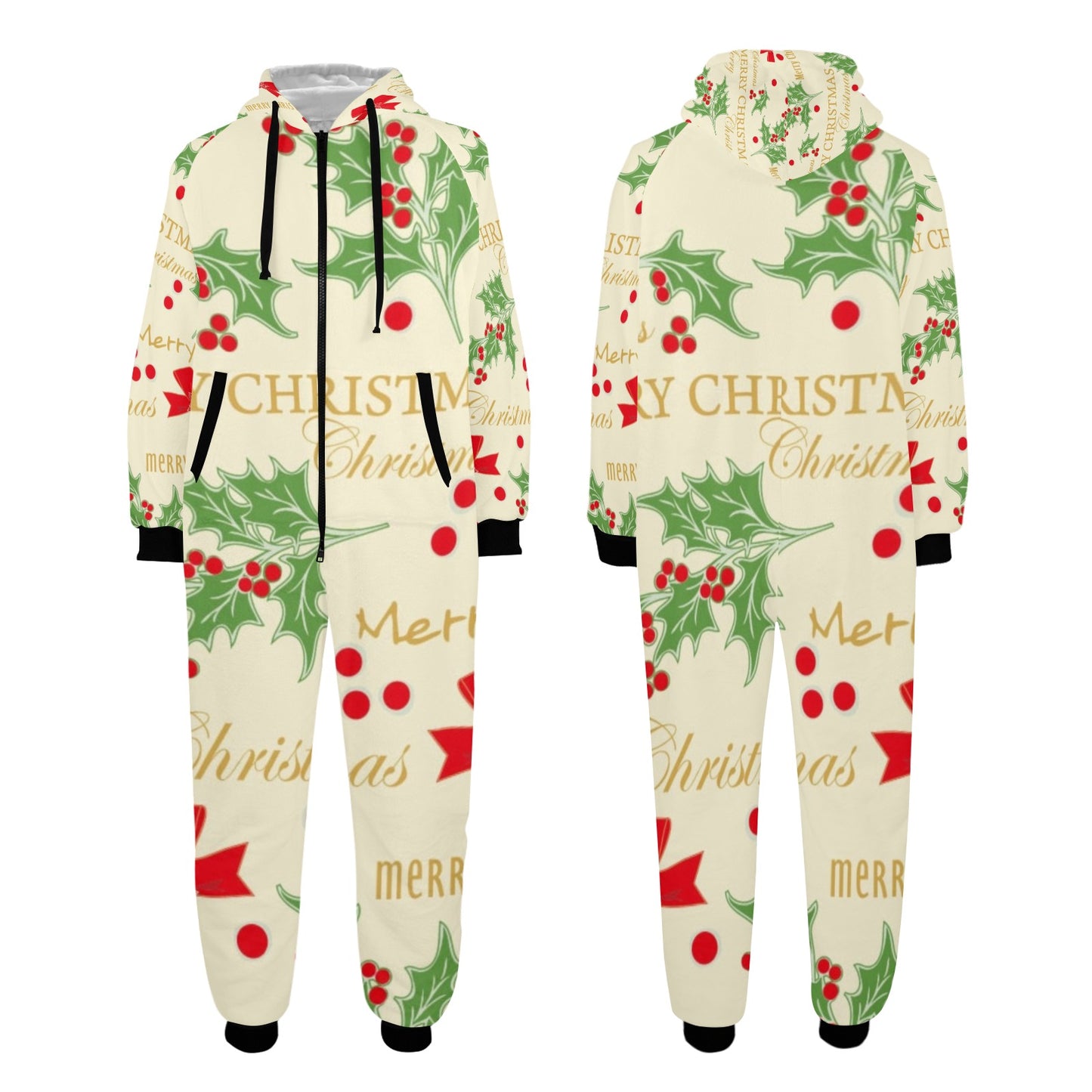 Merry Christmas Unisex One-Piece Zip Up Hooded Pajamas