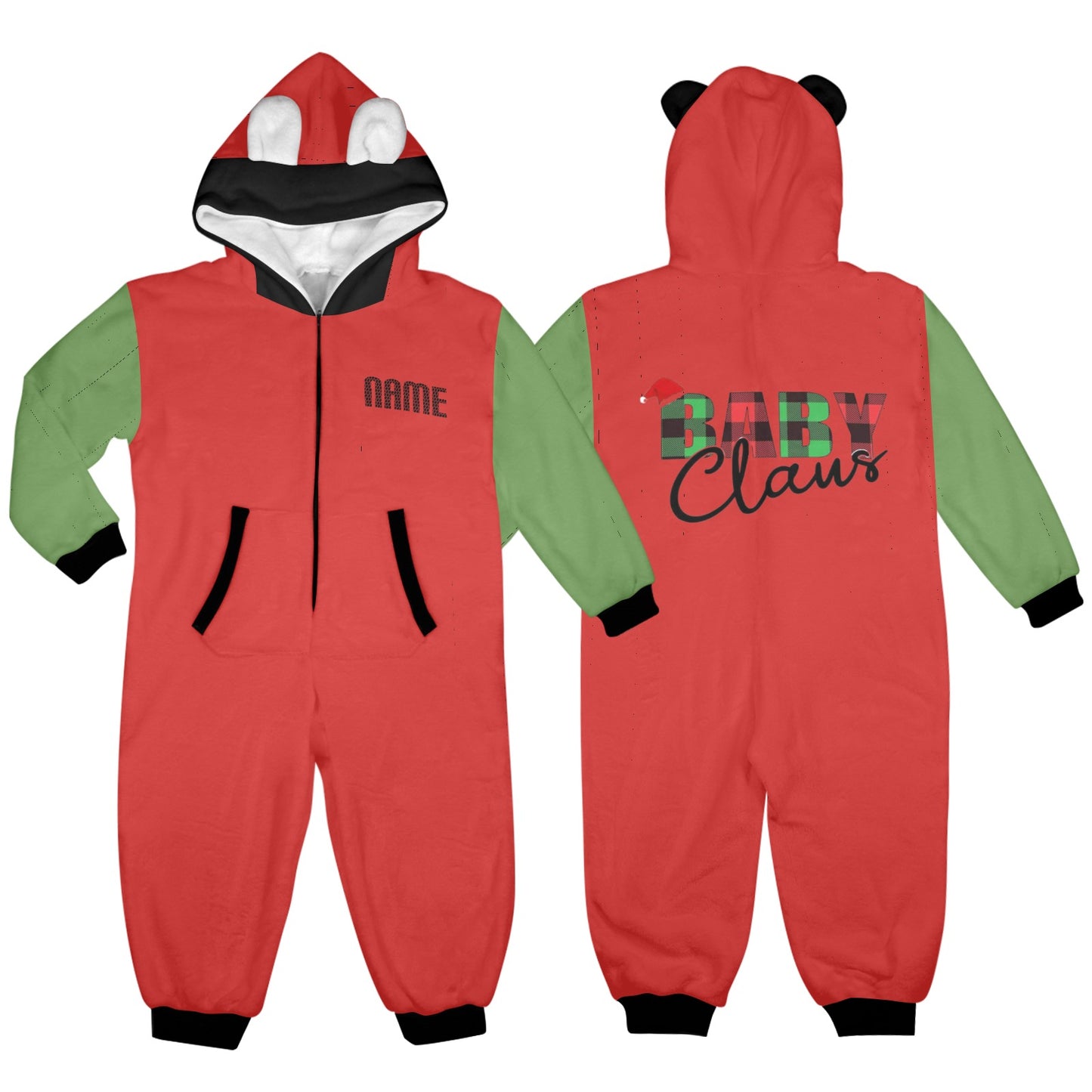 Baby Claus- Christmas One-Piece Zip up Hooded Pajamas for Little Kids