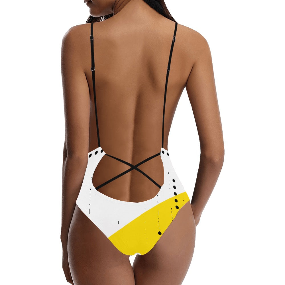 Black & Yellow Sexy Lace Backless One-Piece Swimsuit