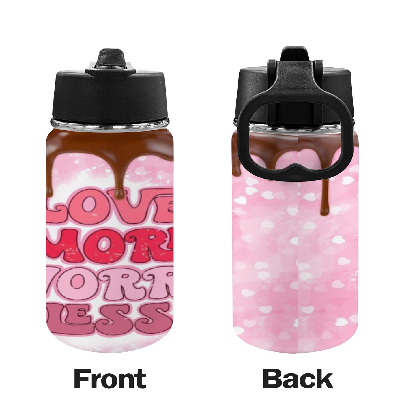 Love More Worry Less Valentines Kids Water Bottle with Straw Lid (12 oz)