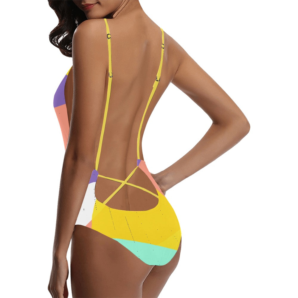 Multi- Colored Sexy Lace Backless One-Piece Swimsuit