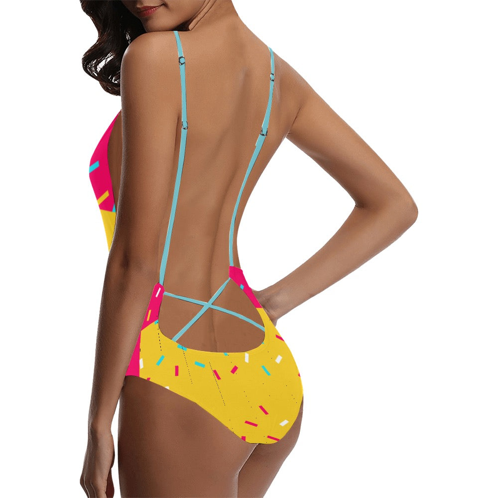 Yellow party Sexy Lace Backless One-Piece Swimsuit