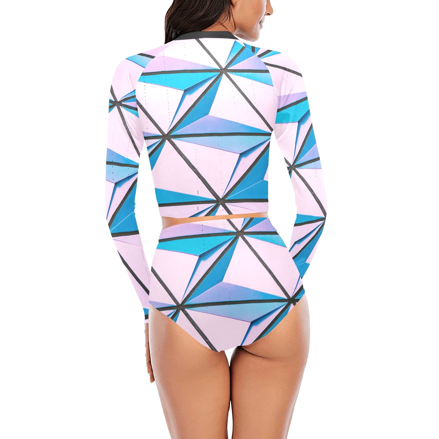 Pink Abstract Long Sleeve Bikini Set