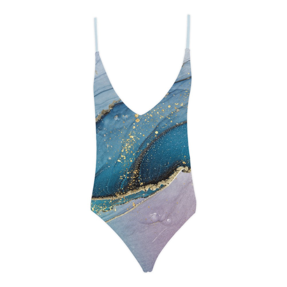 Blue Marble Sexy Lace Backless One-Piece Swimsuit