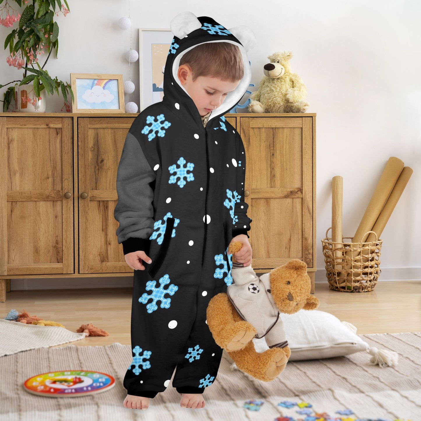 Night Snow Christmas One-Piece Zip up Hooded Pajamas for Little Kids