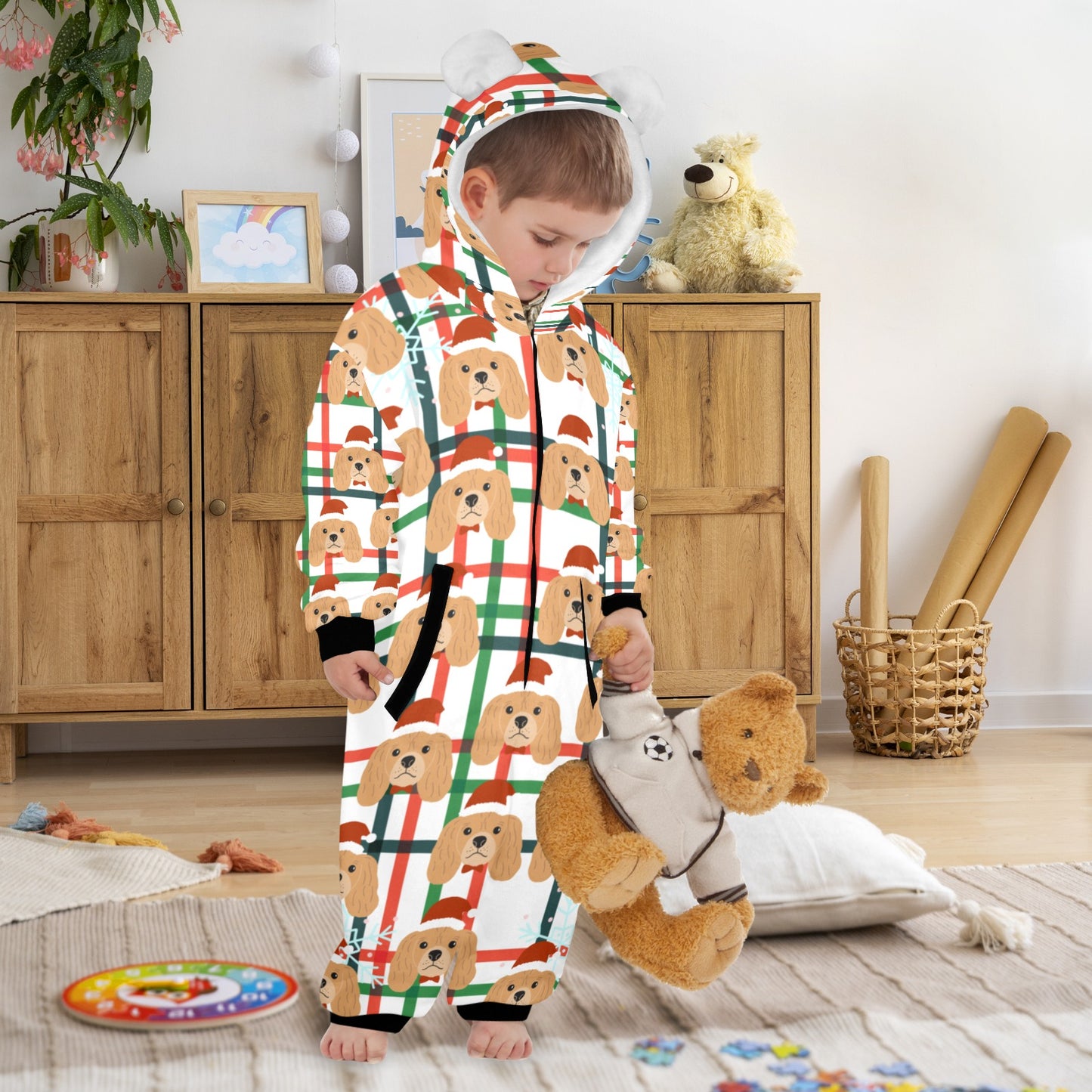 Santa Dog Christmas One-Piece Zip up Hooded Pajamas for Little Kids