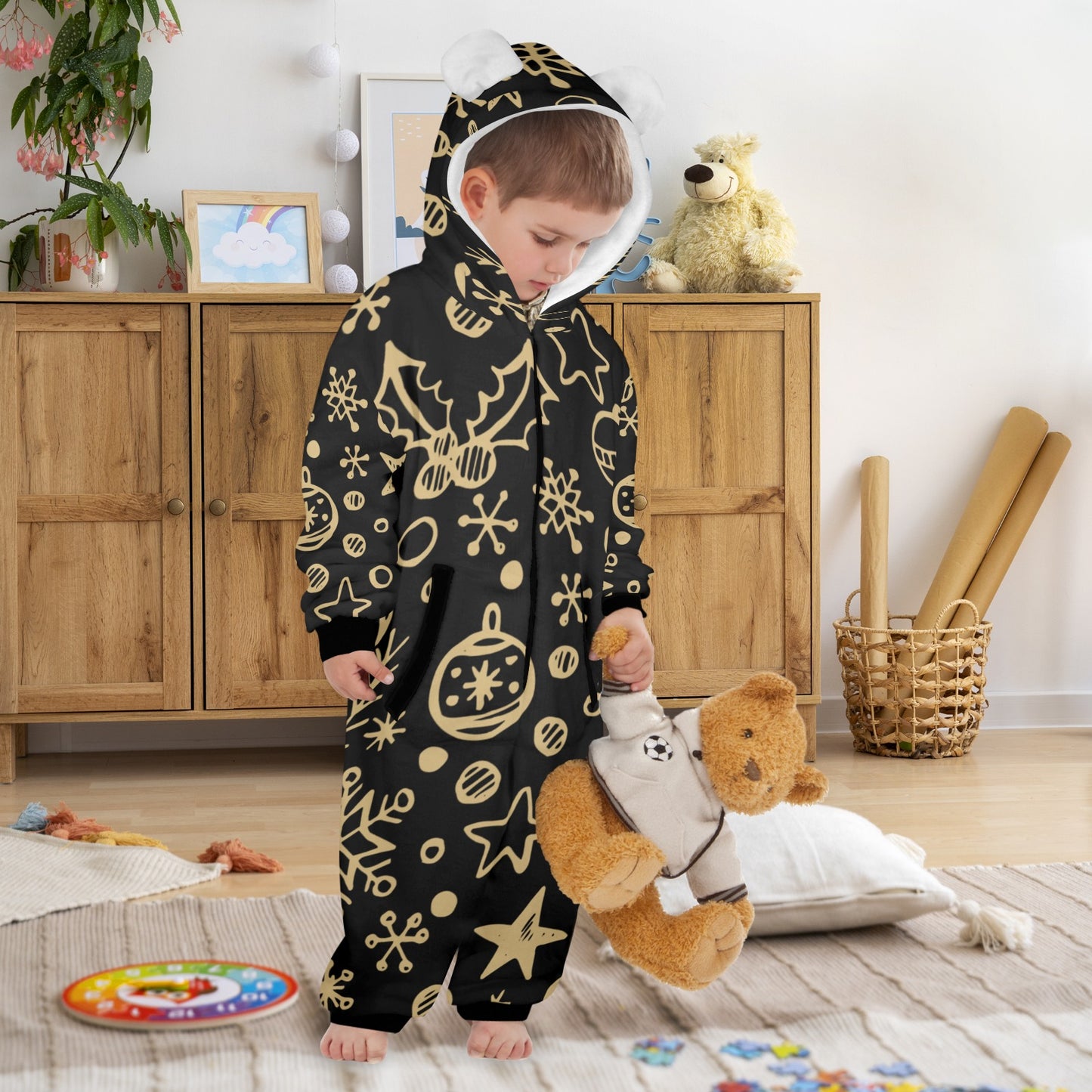 Gold Ornament Christmas One-Piece Zip up Hooded Pajamas for Little Kids