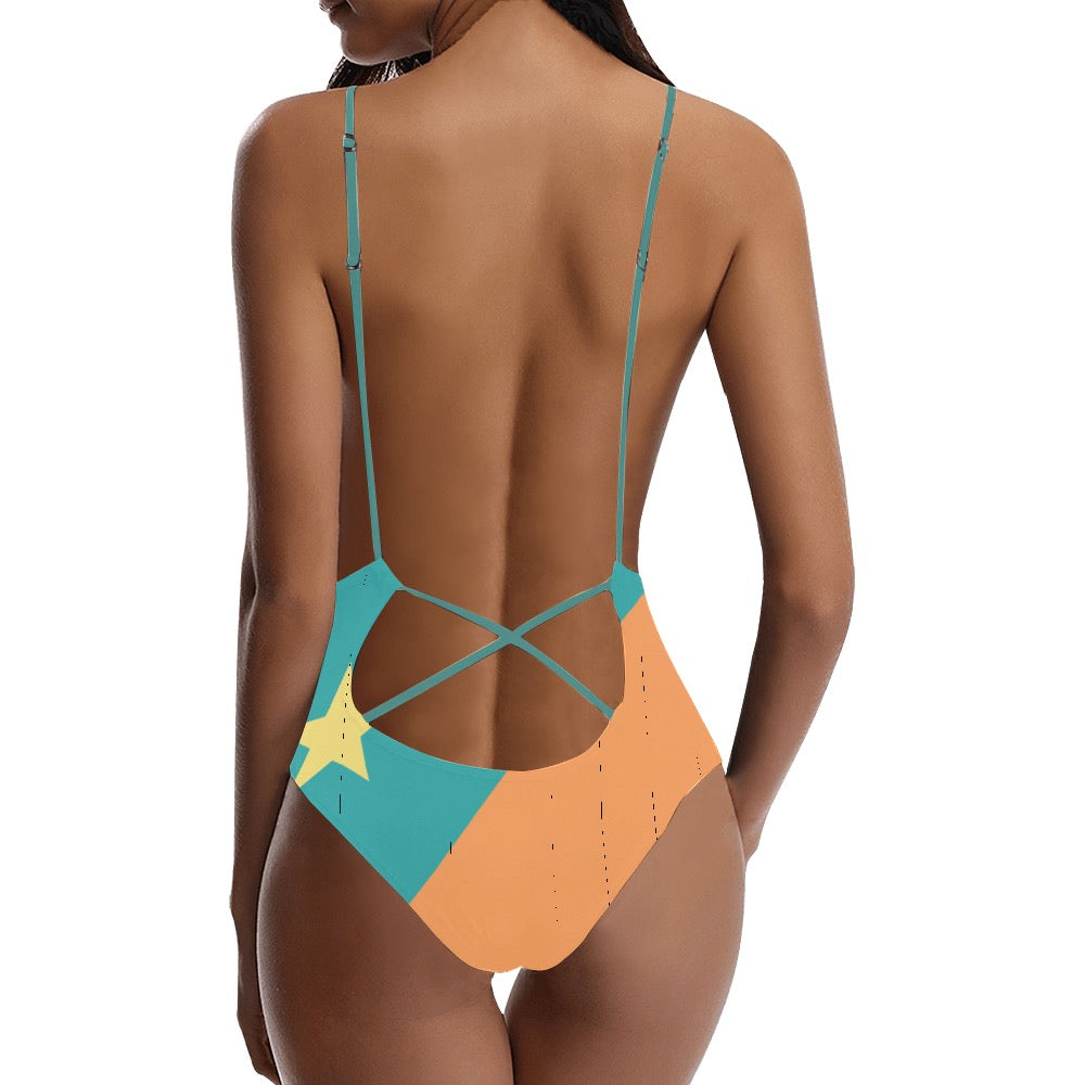 Teal Star Sexy Lace Backless One-Piece Swimsuit