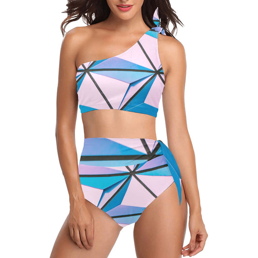 Pink Abstract One Shoulder Bikini Set