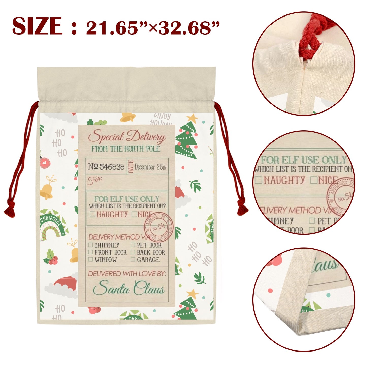 CHRISTMAS - Santa Sack Santa Claus Drawstring Bag 21"x32"