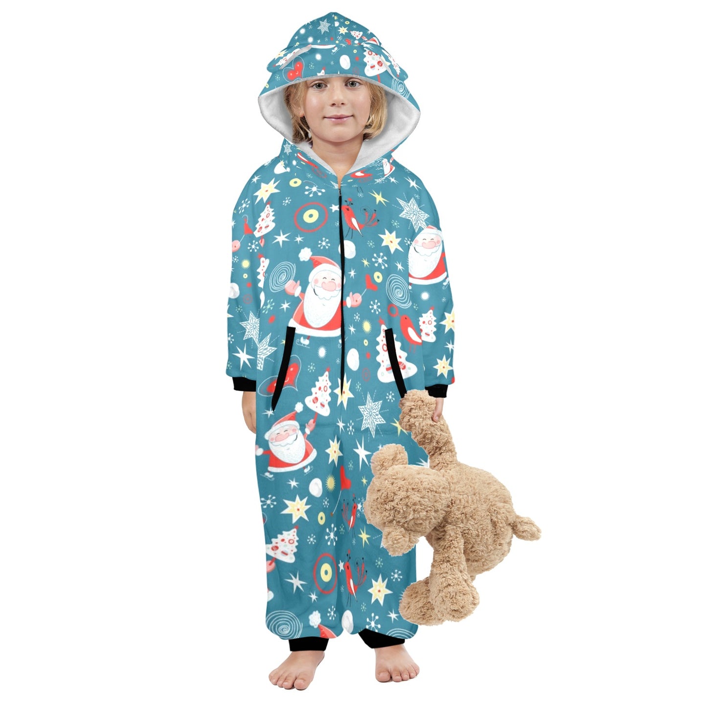 Merry Christmas One-Piece Zip up Hooded Pajamas for Little Kids