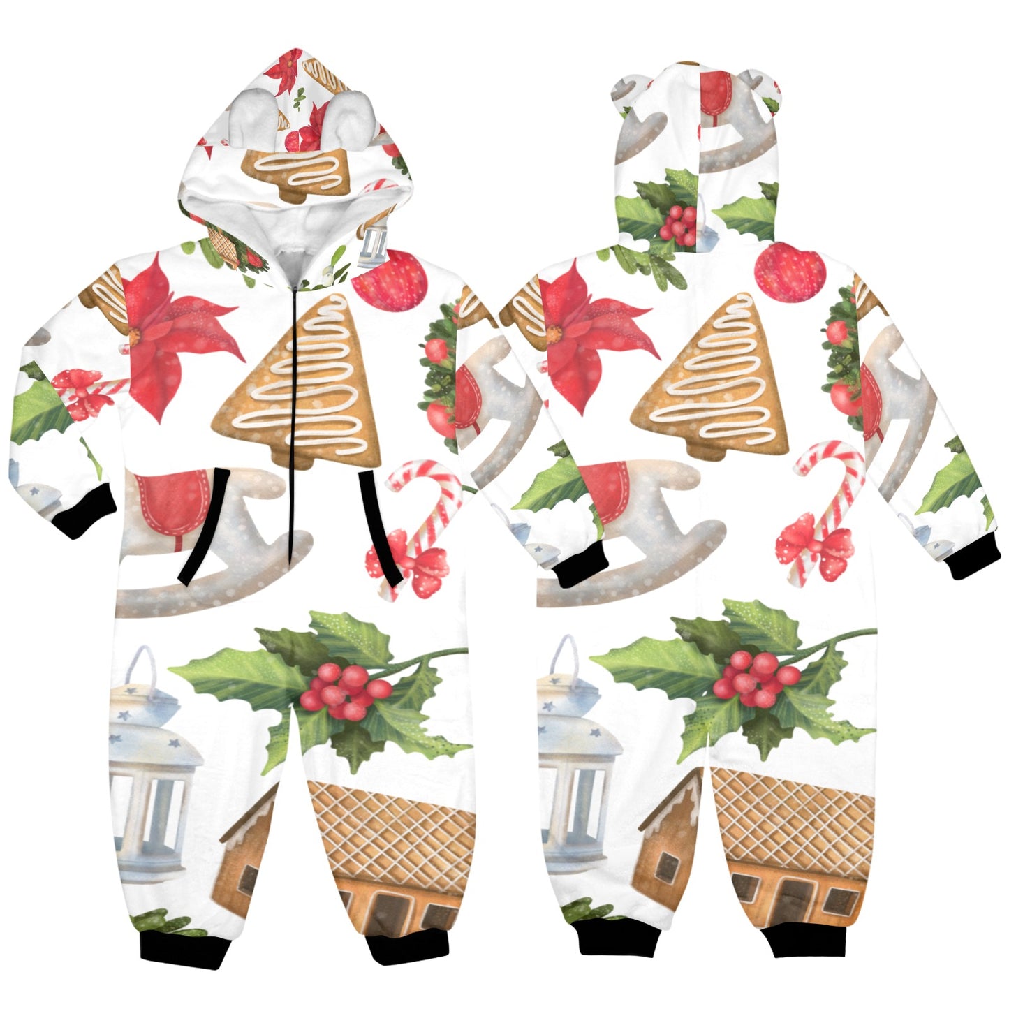 Christmas Festive One-Piece Zip up Hooded Pajamas for Little Kids