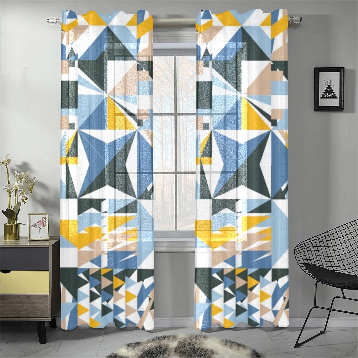 Blue Abstract Gauze Curtain 28"x84" (Two-Piece)