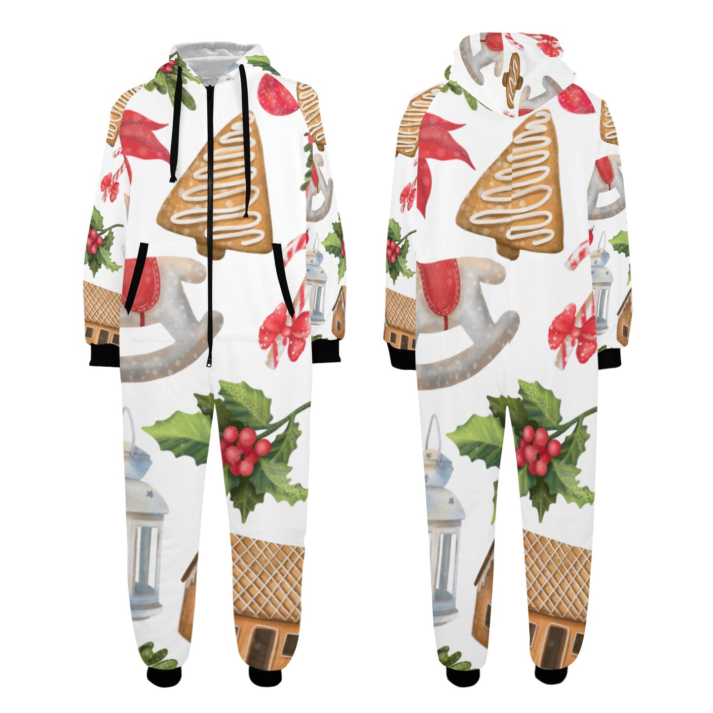 Christmas Festive Unisex One-Piece Zip Up Hooded Pajamas