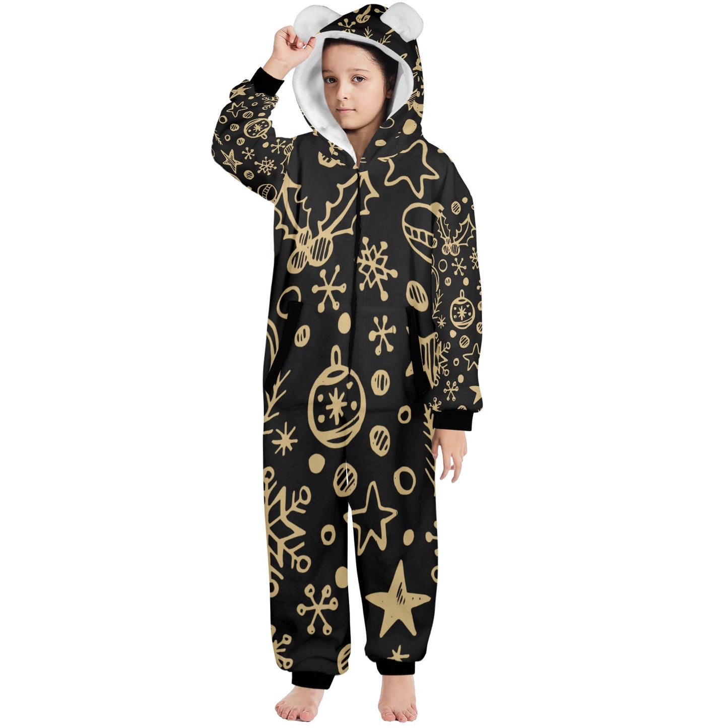 Gold Ornament Christmas One-Piece Zip Up Hooded Pajamas for Big Kids