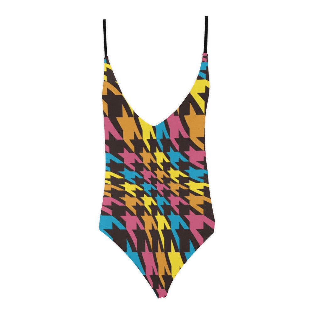 Colorful Houndstooth Sexy Lace Backless One-Piece Swimsuit