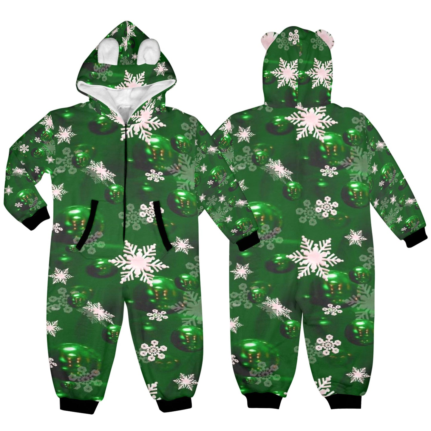 Green Bells- Christmas One-Piece Zip up Hooded Pajamas for Little Kids