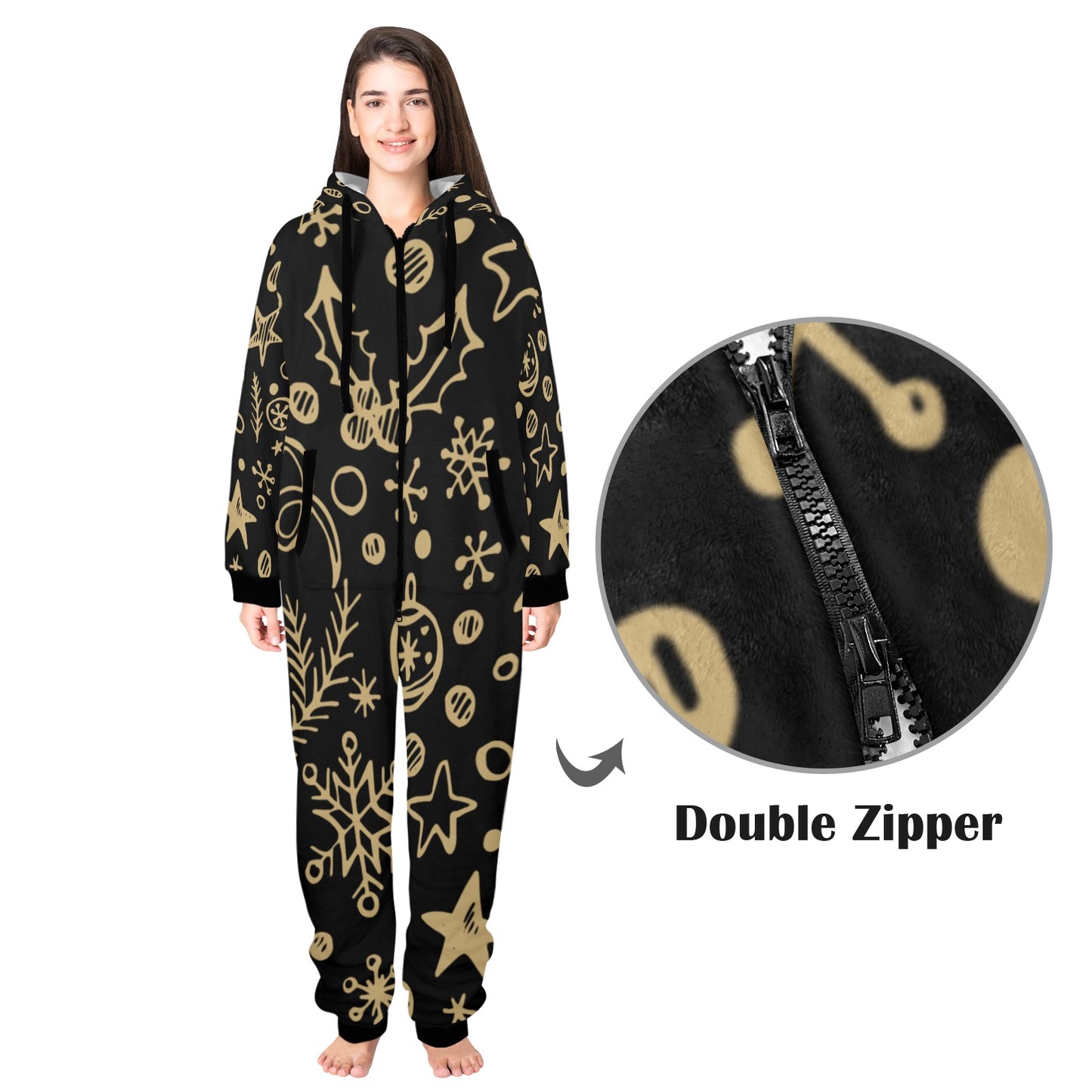 Gold Ornament Christmas Unisex One-Piece Zip Up Hooded Pajamas