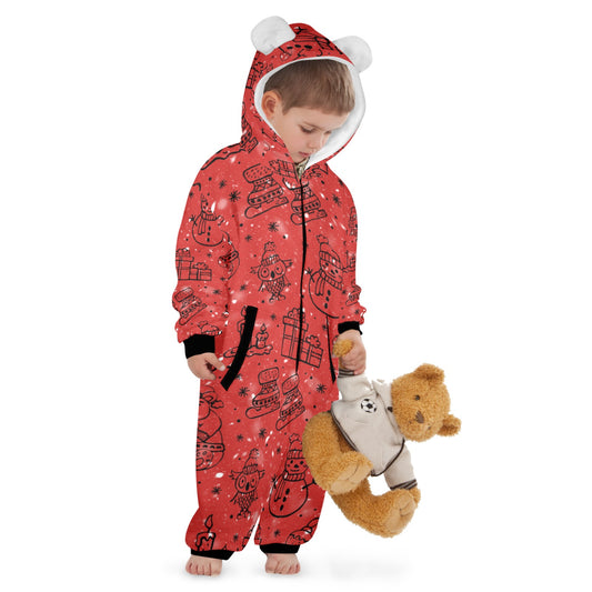 Red Christmas One-Piece Zip up Hooded Pajamas for Little Kids