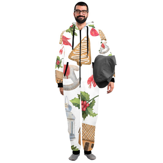 Christmas Festive Unisex One-Piece Zip Up Hooded Pajamas