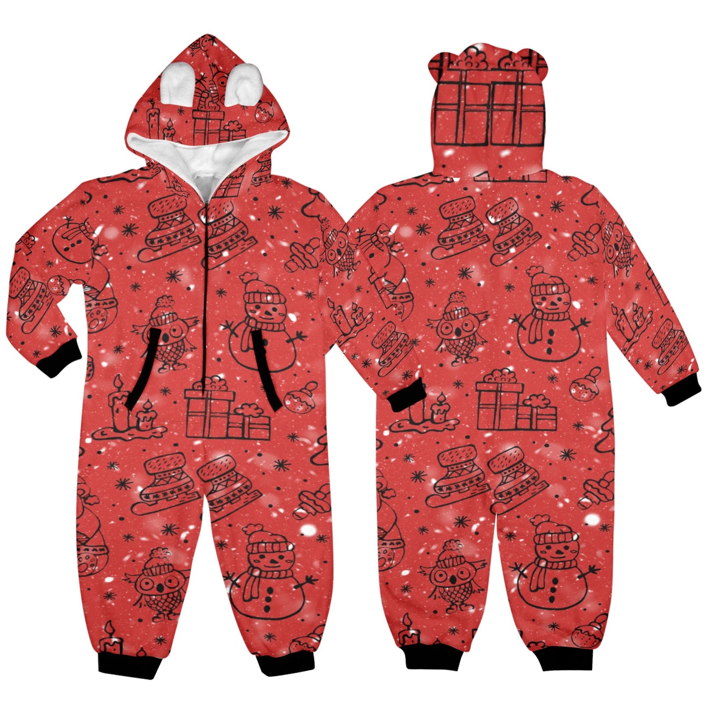 Red Christmas One-Piece Zip up Hooded Pajamas for Little Kids