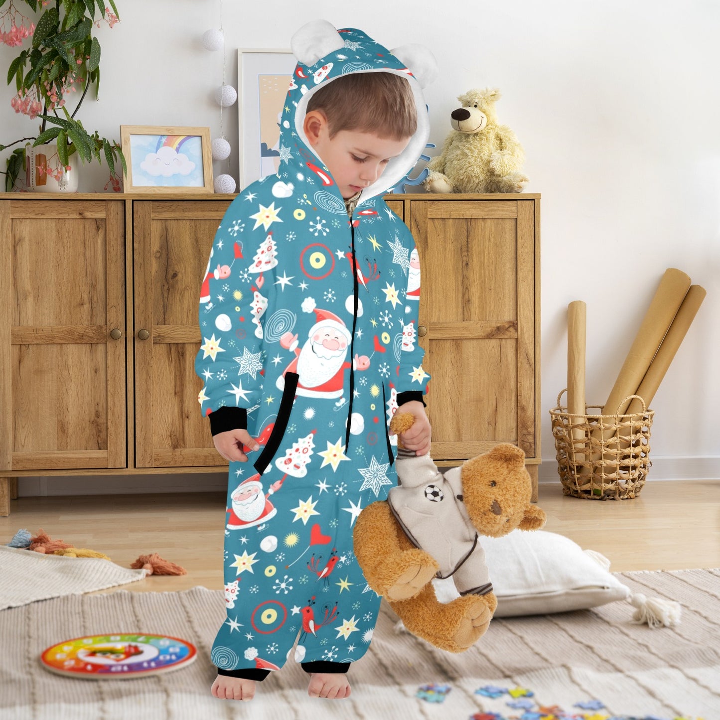 Merry Christmas One-Piece Zip up Hooded Pajamas for Little Kids